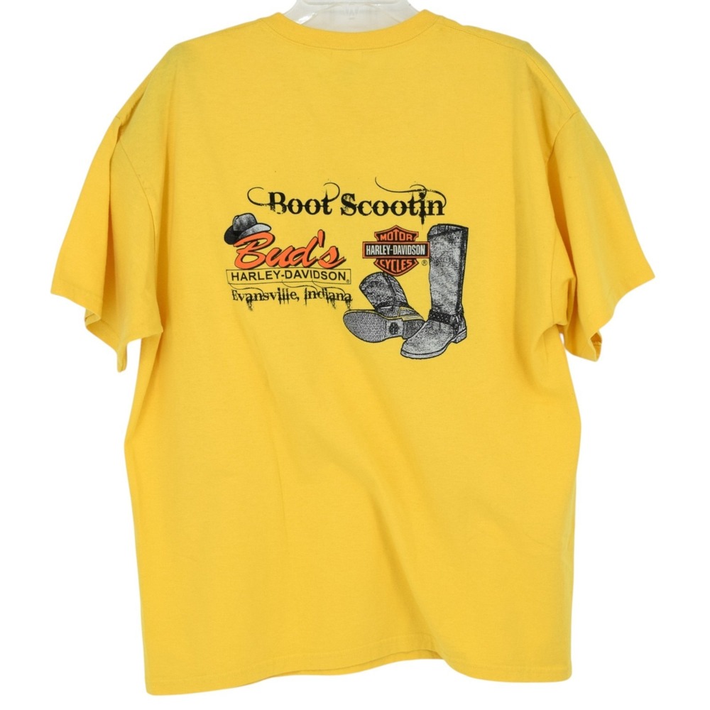 Harley Davidson Mens XL Yellow Buds Evansville IN Boot Scootin Biker Graphic Tee - Picture 3 of 12